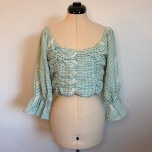 Emory Park Blue Green Gingham Floral Eyelet Embroidered Puff Sleeve Crop Top, L